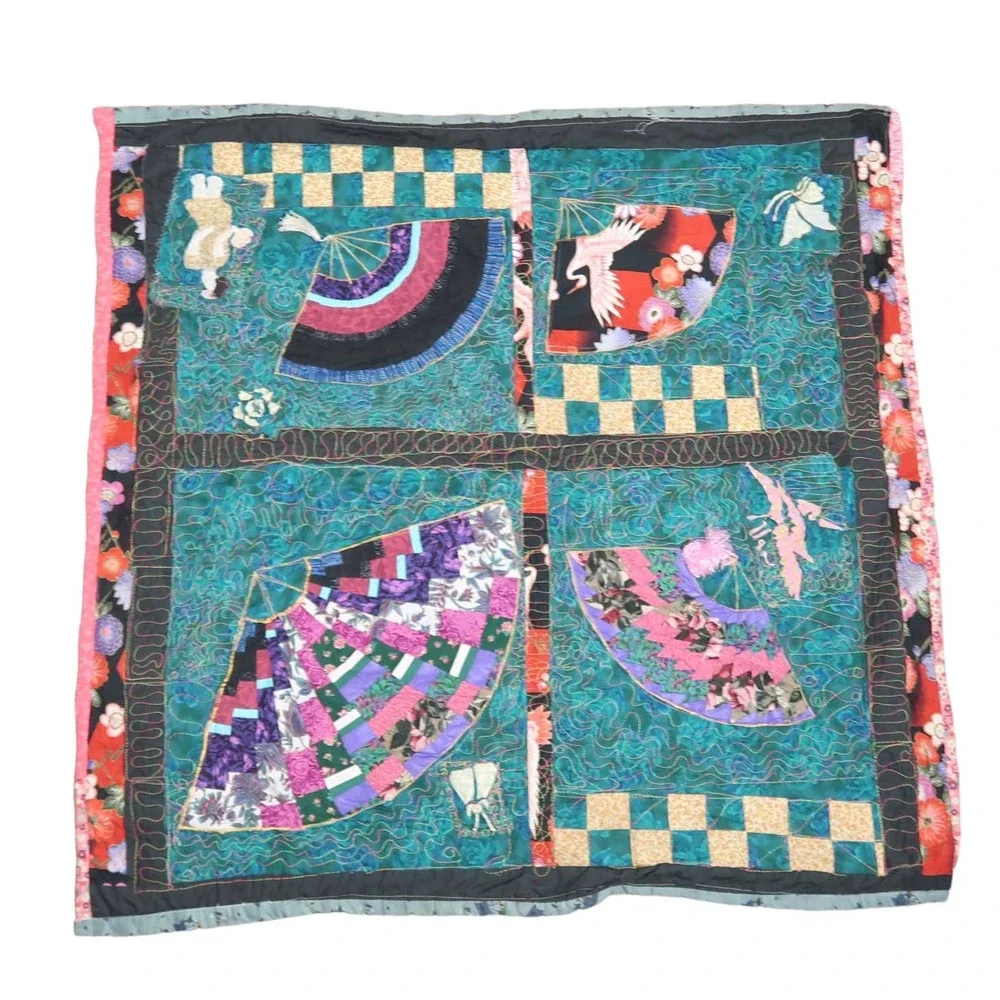 Vintage teal blue and pink oriental fan design quilt blanket with tassel